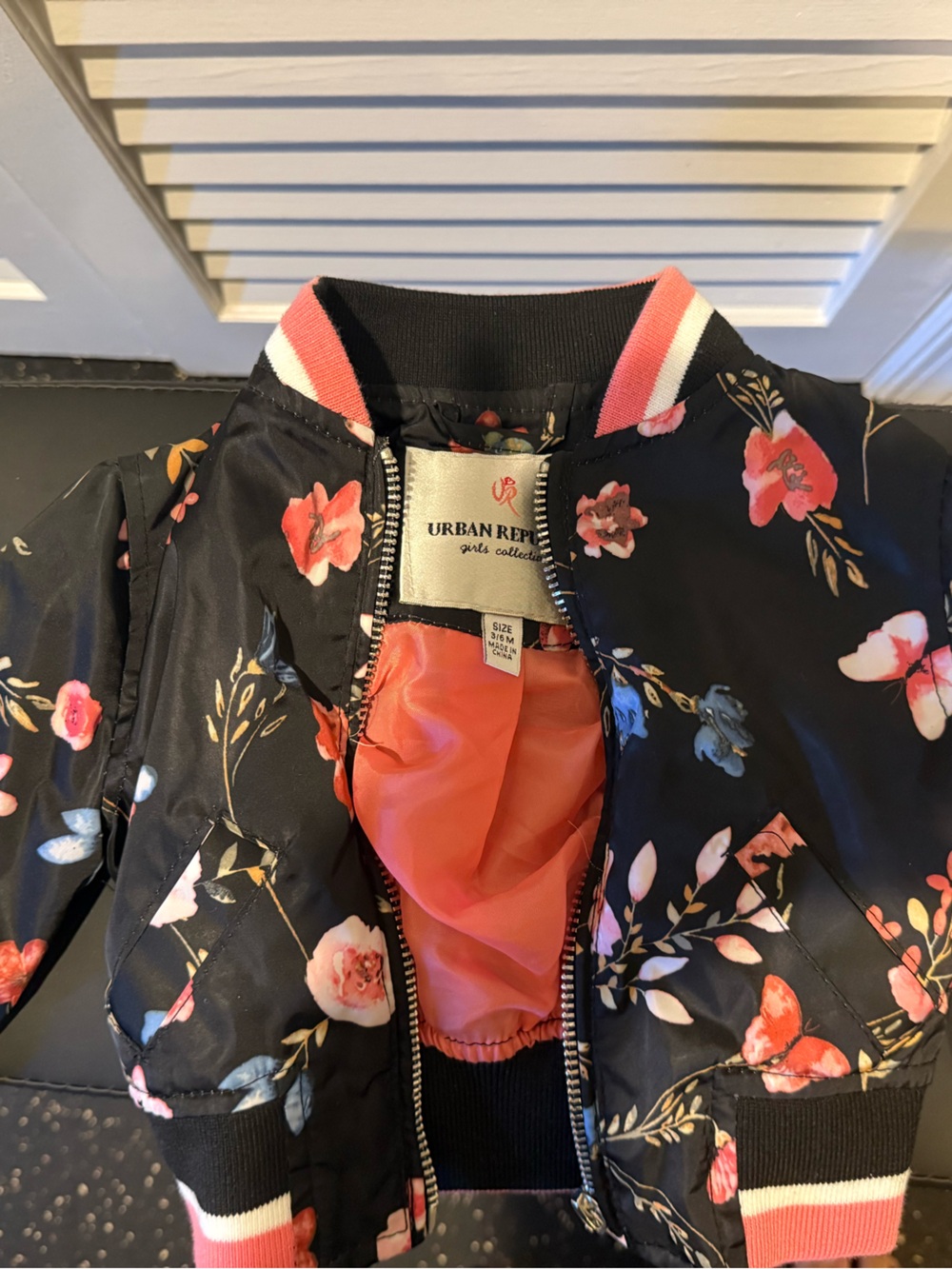 Urban Republic Black Floral Bomber Jacket with Pink Accents 3-6m
